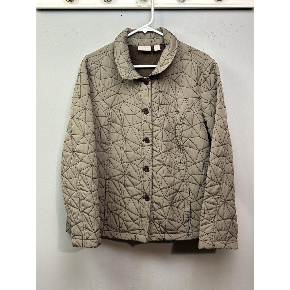 Chico's Quilted Jacket Womens XL Taupe Gray Button Front Collar Welt Pockets